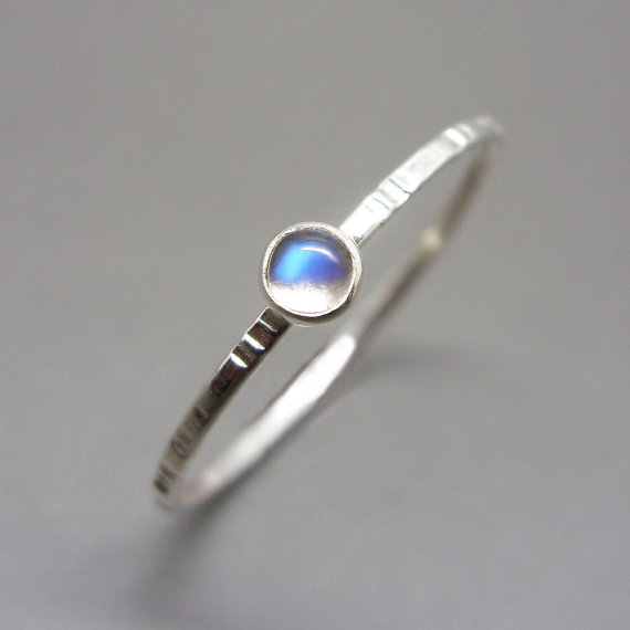 Brightsmith 3mm Tiny Rainbow Moonstone Stacking Ring in Sterling Silver - Super Thin Micro Stacker with Smooth or Hammered Band