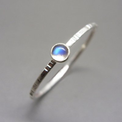 Brightsmith 3mm Tiny Rainbow Moonstone Stacking Ring in Sterling Silver - Super Thin Micro Stacker with Smooth or Hammered Band