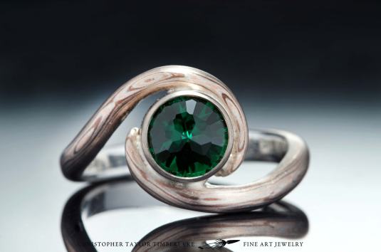 Christopher Taylor Timberlake Mokumé Gane 14K Rose Gold, Shakudo, and Sterling Silver Ring with Green Tourmaline