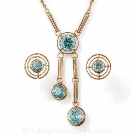 Lang Antiques Retro Gold and Zircon Necklace and Earring Set