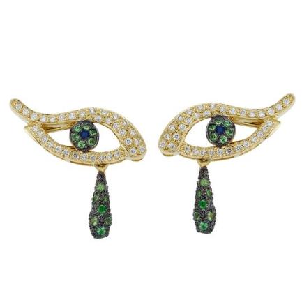 Ileana Makri Angry Tear Stud in 18k Gold with Diamonds, Sapphires and Tsavorites, $4540 USD