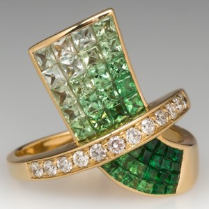 Vintage Tsavorite Garnet & Diamond Invisible Set Cocktail Ring 14k Gold