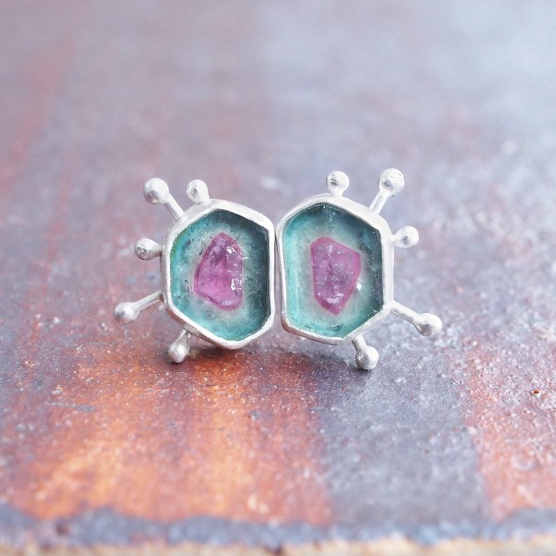 mimichaJAPAN Asymmetrical starburst blue and pink watermelon tourmaline stud earrings, $336