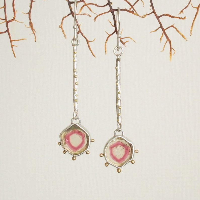 mimichaJAPAN starburst watermelon tourmaline dangle earrings with gold granules, $289