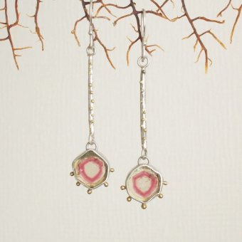 mimichaJAPAN starburst watermelon tourmaline dangle earrings with gold granules, $289