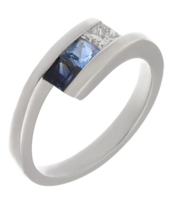 Victoria James Modern princess cut diamond blue sapphire and aquamarine crossover trilogy ring