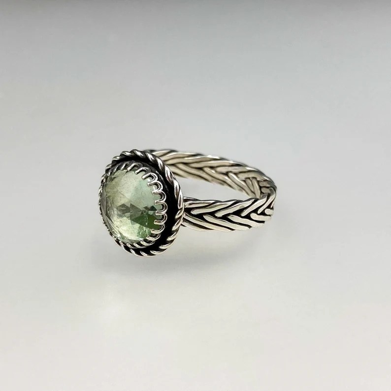 ifutzwithfire Silver & Prasiolite Green Amethyst Ring with Braided Band