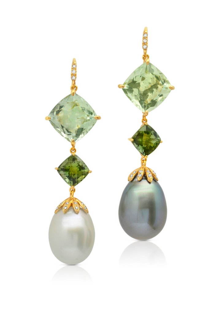 Joon Han Jewelry Prasiolite, Green Tourmaline, South Sea and Tahitian Pearls, and Diamond Drop Earrings in 18K Gold