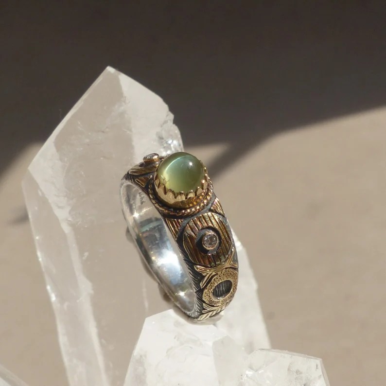 Kardamome Ring With Chrysoberyl Cats Eye And Diamonds In 18K Gold, $852